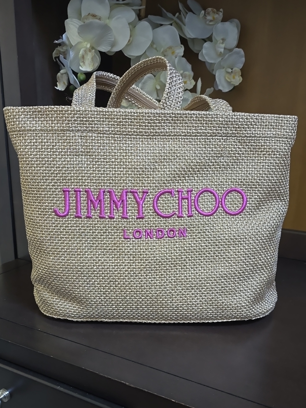Jimmy Choo Natural Straw Tote with Pink Logo